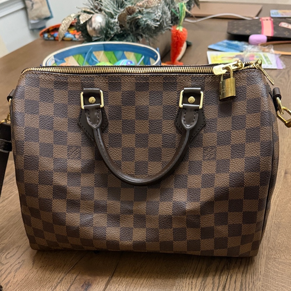 Louis Vuitton Brown Checker Satchel with Gold Hardware